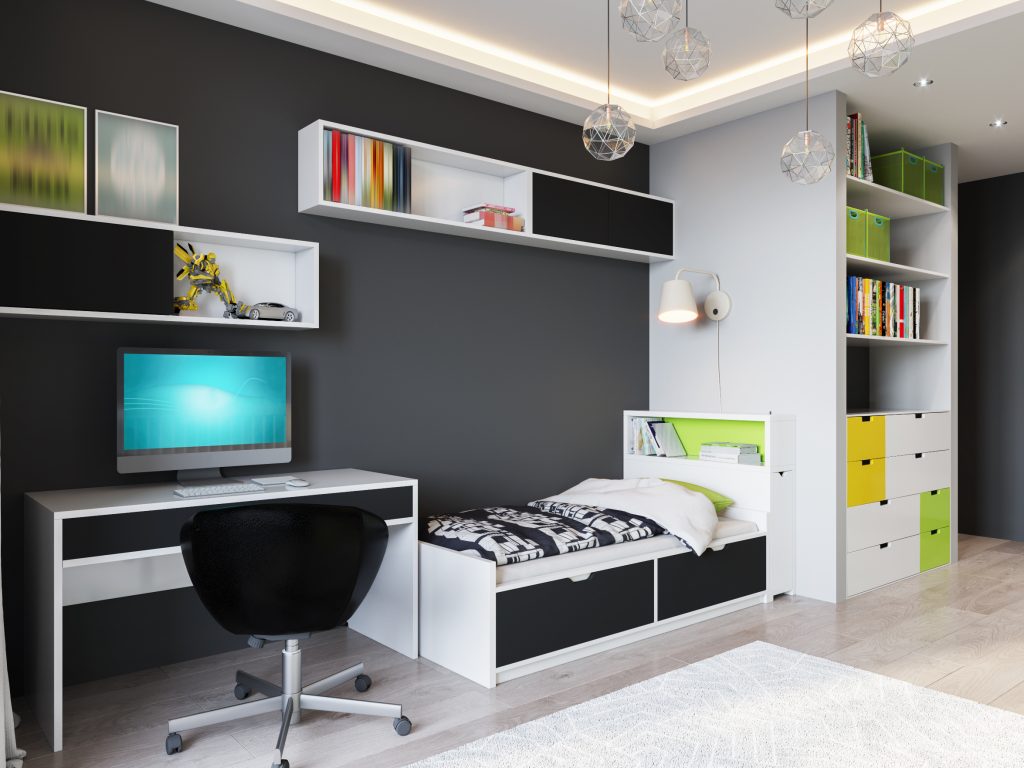 Bright and cozy children’s room in modern urban contemporary style interior design with Gray Walls, White furniture with light green accents, Baby bed, Teen bed, large wardrobe and work desk Fassadensanierung vom Malerbetrieb in der Nähe
